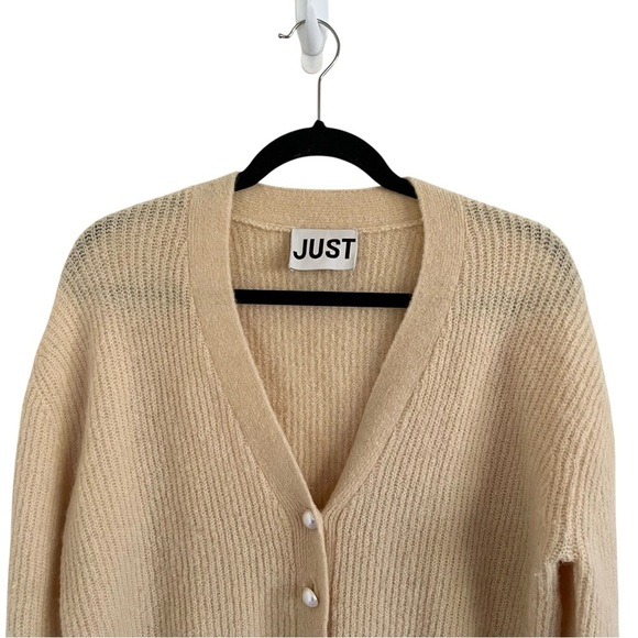 Just Female Light Yellow Rebelo Wool Alpaca Pearl V Neck Cardigan Sweater Large - Picture 5 of 10